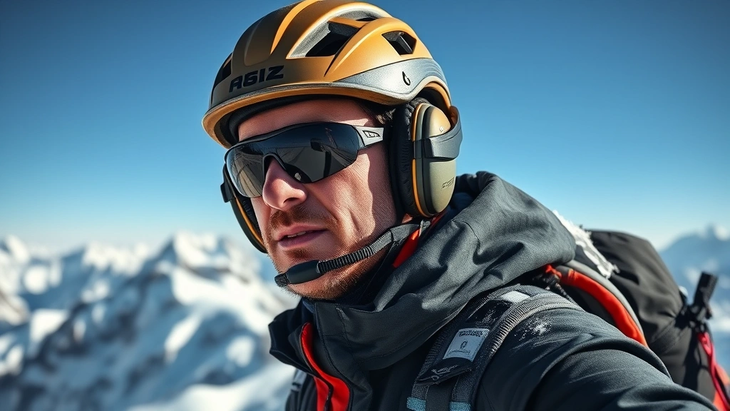 Professional mountaineer wearing custom-fitted hearing protection and climbing helmet on snowy alpine peak with wind-blown snow, high elevation terrain visible