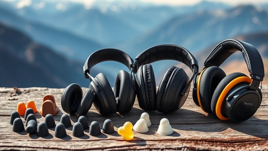 Close-up of various hearing protection equipment laid out: foam earplugs, custom earmolds, noise-canceling headphones, and over-ear protectors on alpine background