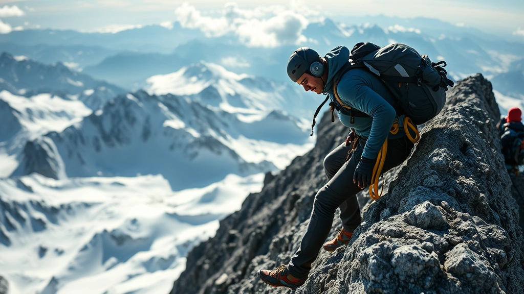 Climber ascending steep mountain ridge in harsh wind conditions, properly equipped with integrated hearing and safety gear, dramatic alpine landscape backdrop