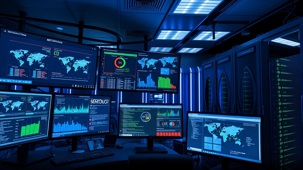 Photorealistic image of a network operations center with multiple security monitoring screens displaying IoT device connectivity graphs, threat detection dashboards, and real-time security alerts in a professional data center environment with blue and green accent lighting