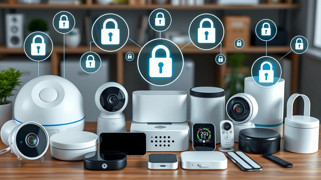 Photorealistic photograph of a diverse array of modern IoT devices including smart home hubs, security cameras, connected thermostats, and wearable devices arranged on a desk with digital lock icons and security shield symbols hovering above them