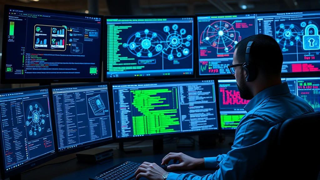 Photorealistic image of a cybersecurity professional monitoring network traffic on multiple screens showing IoT device communications, encryption protocols, and security protocols in action with network diagrams and threat intelligence displays