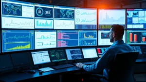 Cybersecurity professional monitoring multiple security system dashboards on large screens in a modern control center environment, showing network activity graphs and alert notifications in real-time