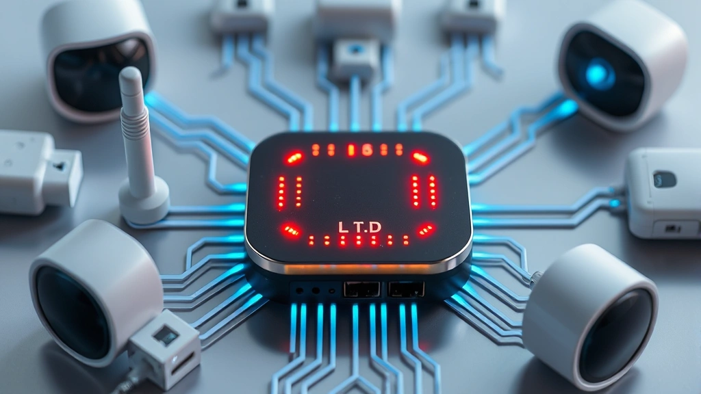 Close-up of smart home security hub device with LED indicators and wireless sensors arranged around it, representing interconnected IoT security architecture and data transmission