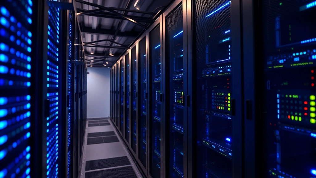 Data center server racks with blue LED lights and network cables, representing cloud infrastructure and encrypted data storage for security monitoring systems