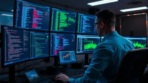 Cybersecurity analyst monitoring network traffic on multiple screens in a modern security operations center, watching firewall logs and port activity dashboards in real-time