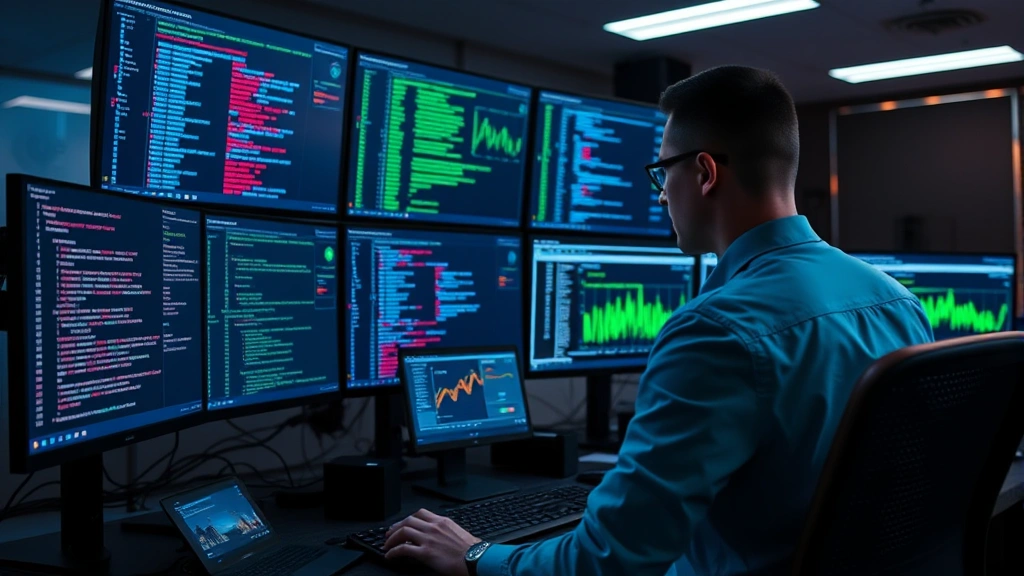 Cybersecurity analyst monitoring network traffic on multiple screens in a modern security operations center, watching firewall logs and port activity dashboards in real-time