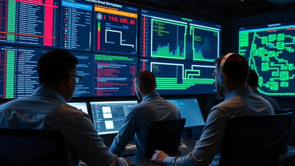 Security team in a SOC responding to alerts, with team members analyzing suspicious port connections and network behavior on large monitoring displays