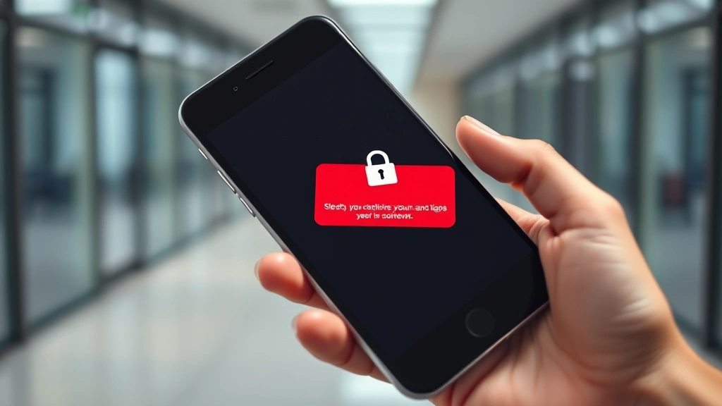 Photorealistic image of a smartphone screen displaying a security warning notification with a padlock icon and red alert symbol, hand holding device, soft office lighting, no visible text or code