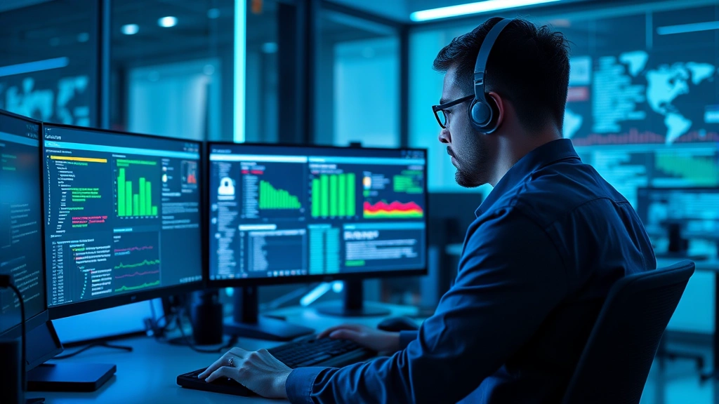 Cybersecurity analyst reviewing mobile application security audit on multiple monitors in modern tech office with blue lighting and security dashboards displaying threat intelligence data