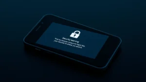 Photorealistic image of a smartphone displaying security warning notification, with a padlock icon and shield symbol on screen, dark background, professional cybersecurity aesthetic, no text visible