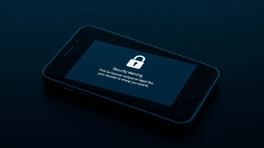 Photorealistic image of a smartphone displaying security warning notification, with a padlock icon and shield symbol on screen, dark background, professional cybersecurity aesthetic, no text visible