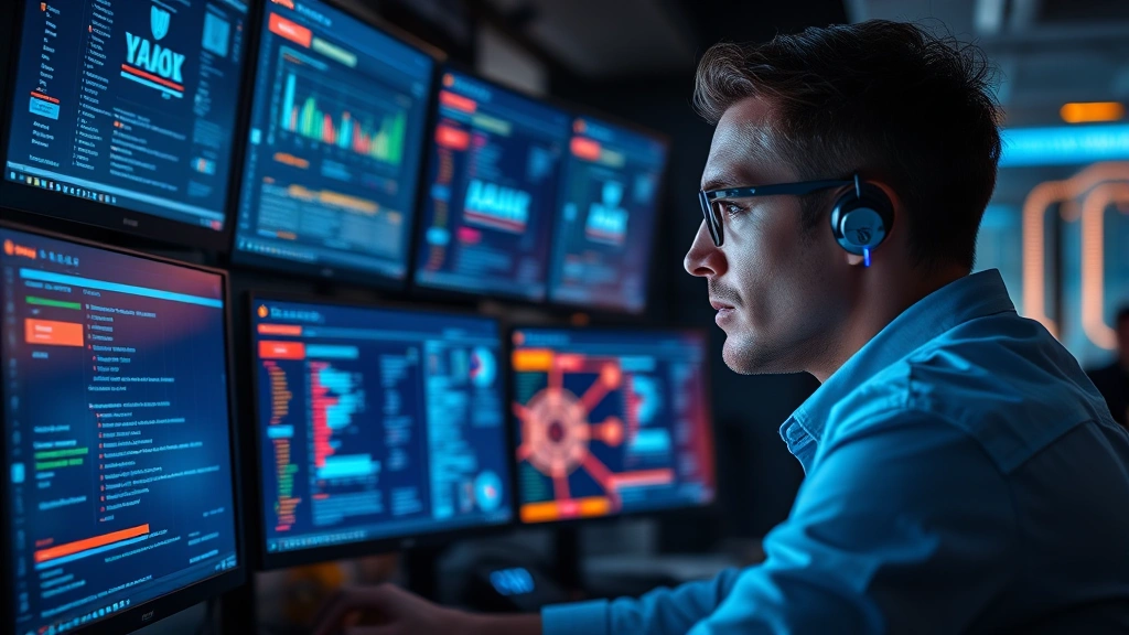Photorealistic cybersecurity professional analyzing threat data on multiple monitors in a modern security operations center, focused expression, blue and amber lighting, no visible code or terminals