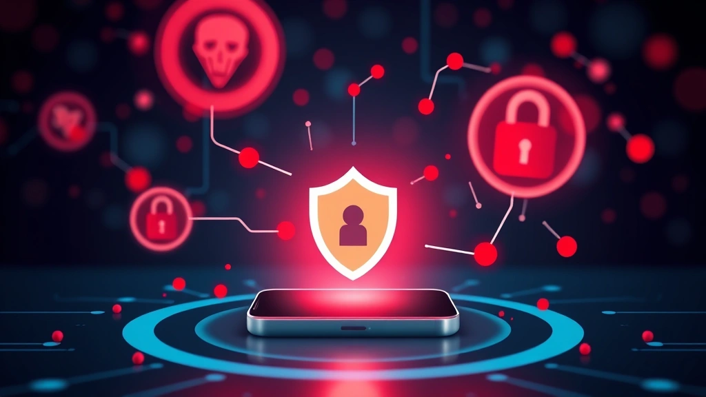 Digital illustration of smartphone with shield icon and lock symbols protecting against red malware threats represented as abstract particles flowing around device