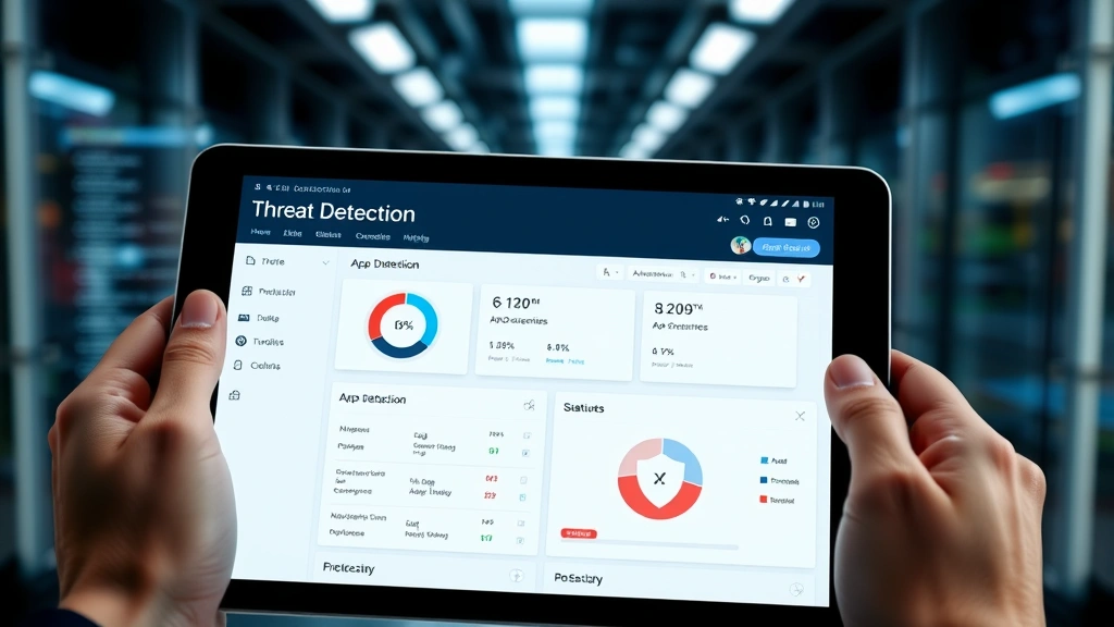 Photorealistic image of hands holding a tablet with a security dashboard showing threat detection and app scanning status, blue and red security indicators, modern tech environment, no code or terminal windows