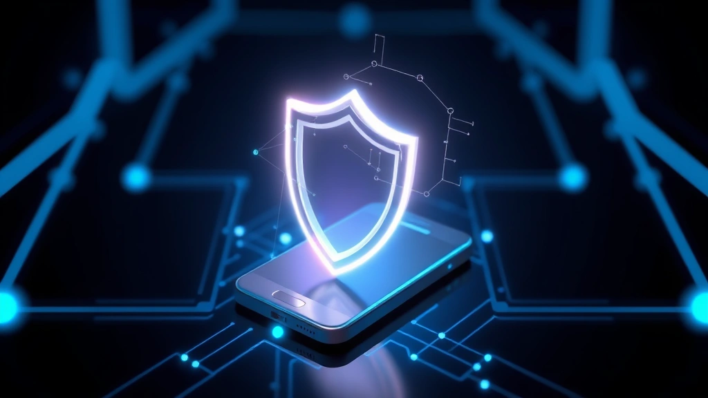 Photorealistic image of a digital shield protecting a smartphone, glowing protective barrier around device, abstract security concept, dark background with blue light accents, no text