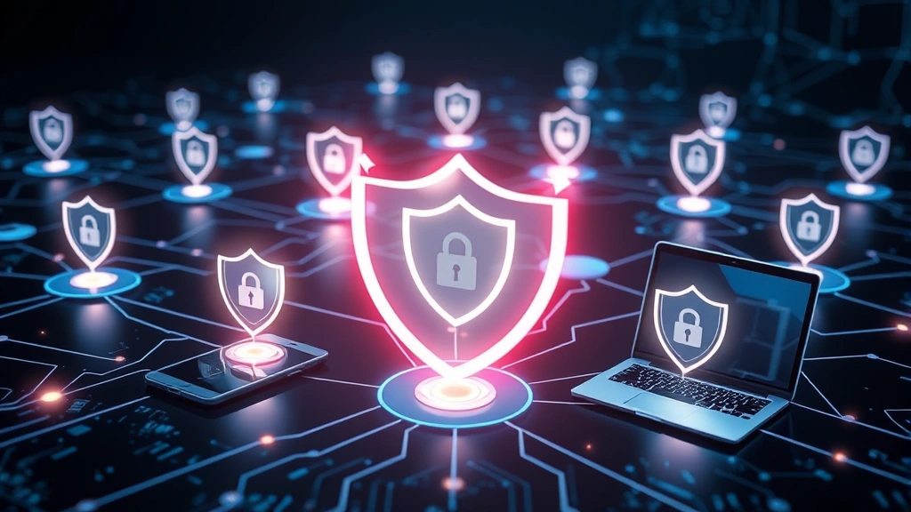Photorealistic image of a network security concept with interconnected devices (phones, tablets, laptops) protected by digital shield barriers, glowing security nodes, dark tech background, no text or labels