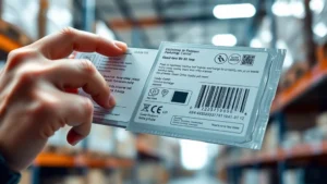 Close-up of hands examining product packaging with hologram security features and authentication codes visible, professional lighting, modern e-commerce warehouse setting