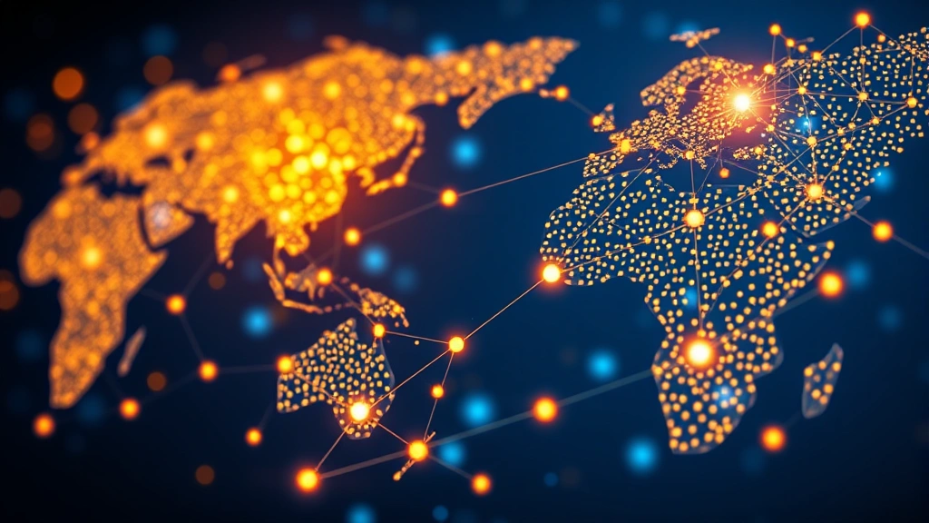Digital interface showing network of interconnected nodes and data points representing global marketplace monitoring, abstract cybersecurity visualization, blue and gold color palette