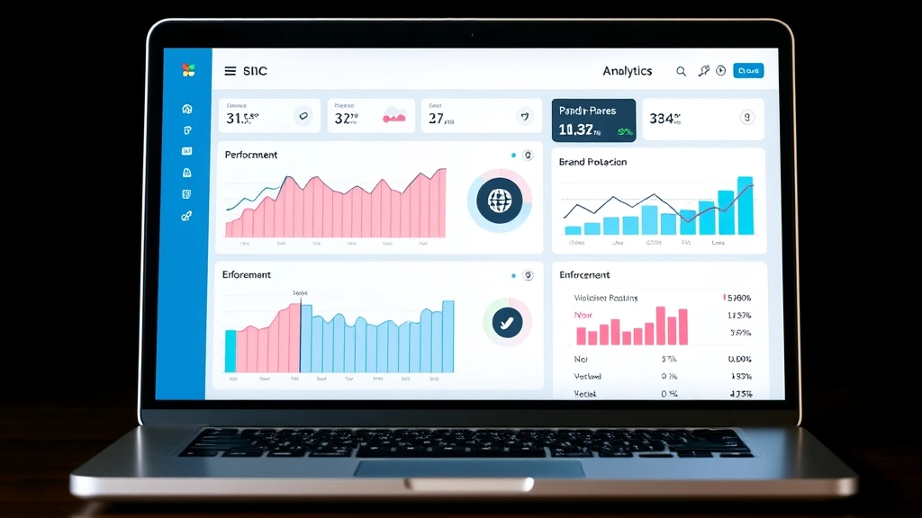 Laptop screen displaying analytics dashboard with performance metrics, trend graphs, and enforcement statistics related to brand protection and violation removal rates