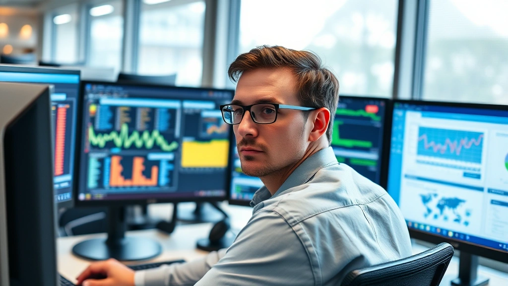 Cybersecurity professional monitoring multiple screens displaying network traffic analysis and security dashboards in modern office environment, focused expression, professional attire, AWS environment