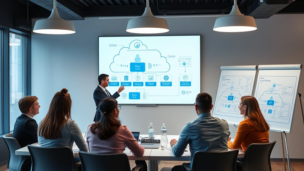 Cloud security architect presenting security architecture diagram to diverse team in conference room, collaborative atmosphere, modern technology company setting, whiteboards with security designs