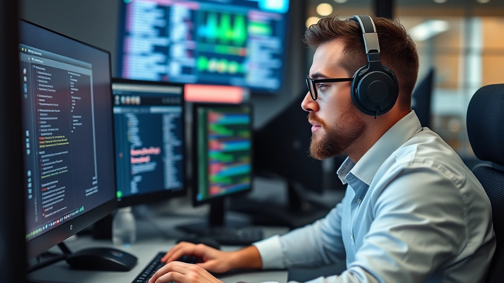 Senior security engineer conducting threat analysis at workstation with cybersecurity tools visible, professional workspace, concentration on screen, modern corporate security operations center aesthetic