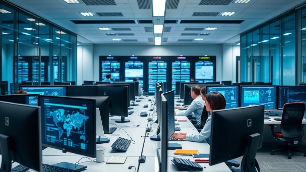 Corporate office environment showing multiple employees at modern workstations with dual monitors, cybersecurity dashboard visible on screens, professional business setting with secure data center in background