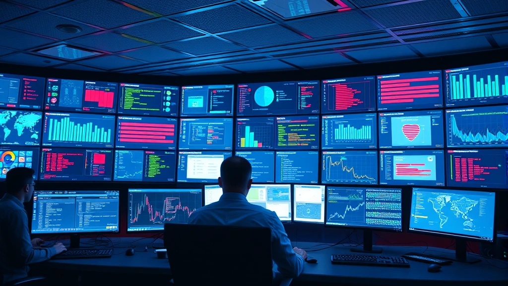 Enterprise security operations center with analysts monitoring threat detection systems, multiple screens displaying real-time security alerts and compliance metrics, professional cybersecurity monitoring environment