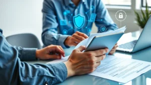 Professional cybersecurity analyst reviewing digital device protection documents and insurance policies on a modern desk with laptop and tablet showing shield icons, office environment