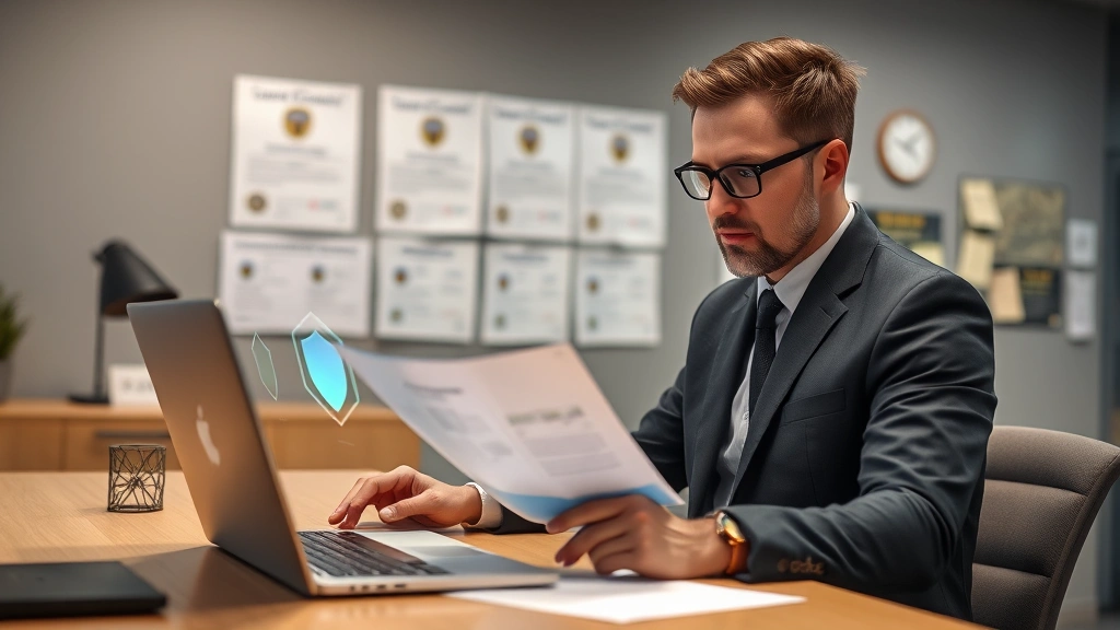 Professional cybersecurity analyst reviewing device protection documentation on a laptop, sitting at a modern desk with security certificates visible in background, serious focused expression, photorealistic