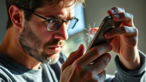 A person carefully inspecting a smartphone screen for cracks and damage in bright natural light, examining the device closely with concerned expression, photorealistic detail on device condition assessment