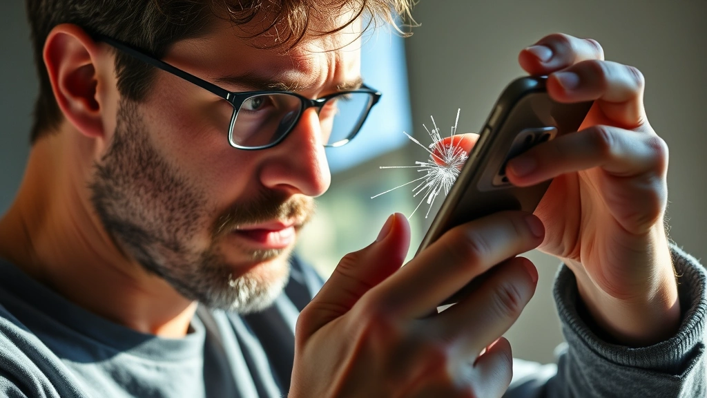 A person carefully inspecting a smartphone screen for cracks and damage in bright natural light, examining the device closely with concerned expression, photorealistic detail on device condition assessment