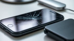 Close-up of smartphone with cracked screen on desk with protective case nearby, showing contrast between damage and prevention, professional lighting, cybersecurity threat visualization concept