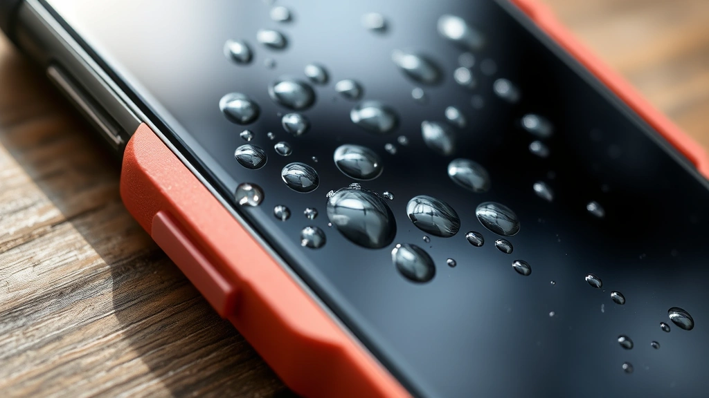 Close-up photograph of a smartphone with visible water droplets on screen and protective case, showing device damage scenario in natural daylight