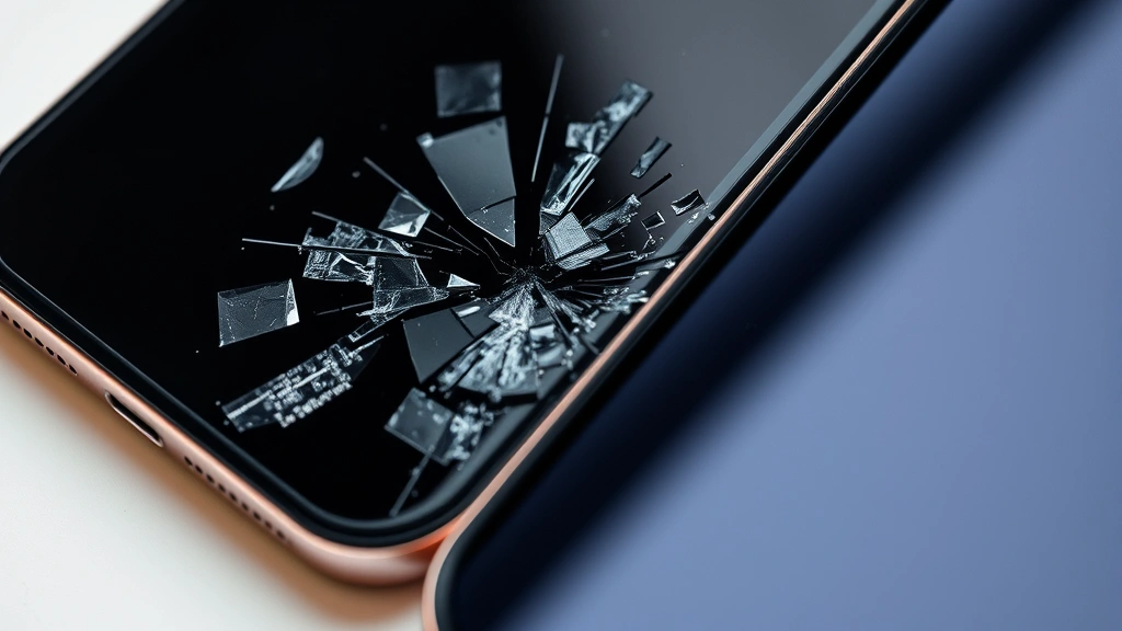 Close-up of damaged smartphone screen next to intact device, showing accidental damage scenario, professional product photography lighting, no text visible, photorealistic detail
