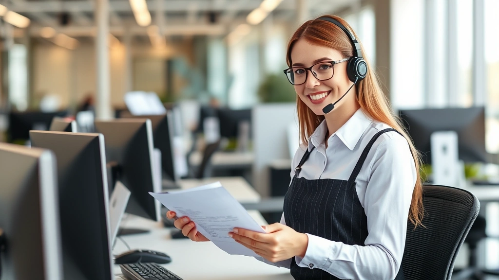 A customer service representative in a modern call center environment assisting with a device insurance claim, holding paperwork and smiling, professional workplace setting with computers visible