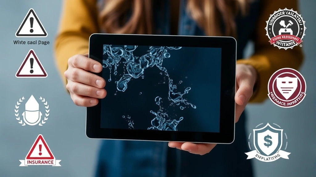 Person holding tablet with visible water damage and moisture inside screen, surrounded by warning symbols and protection badges, illustrating device vulnerability and insurance importance