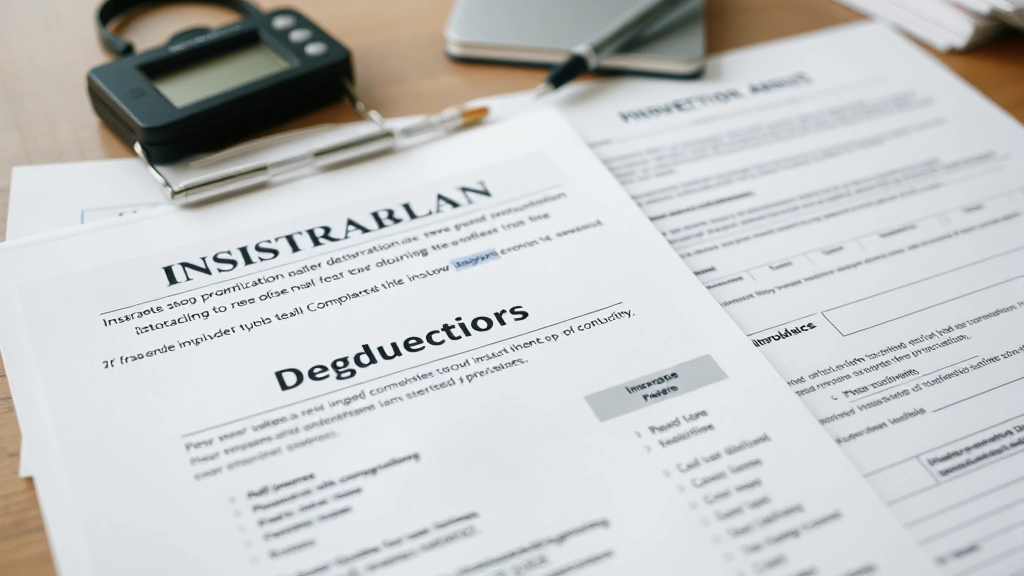 Detailed image of insurance paperwork and protection plan documents spread out with deductible information visible, professional office lighting