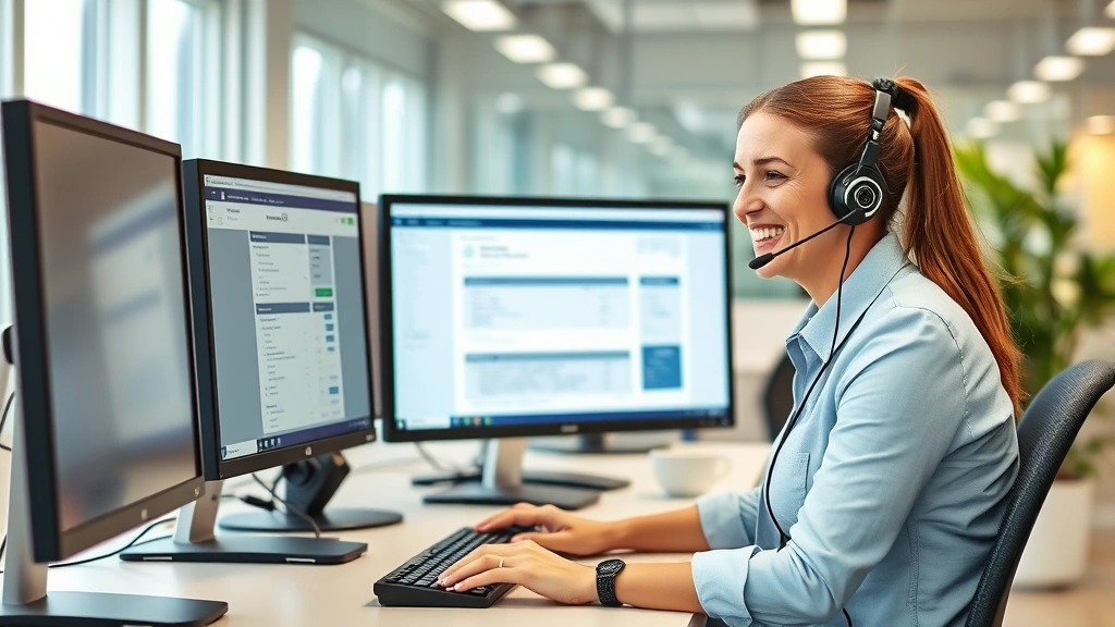 Customer service representative assisting with insurance claim on computer system, professional office environment, helpful expression, modern workspace with monitors, photorealistic