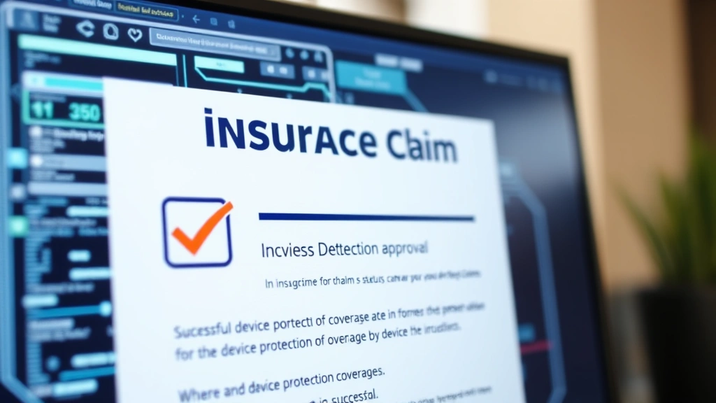 An insurance claim approval document with checkmark and digital interface showing claim status progress on a computer monitor, representing successful device protection coverage