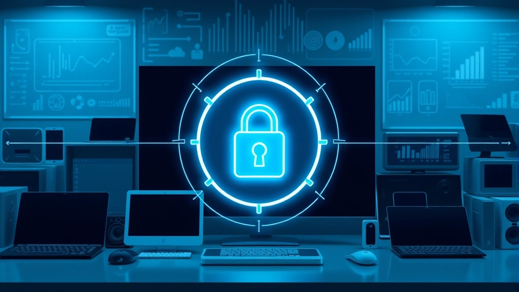 Digital security lock icon protecting various consumer electronics arranged in organized display, showing protection layers and coverage concepts, modern minimalist design aesthetic