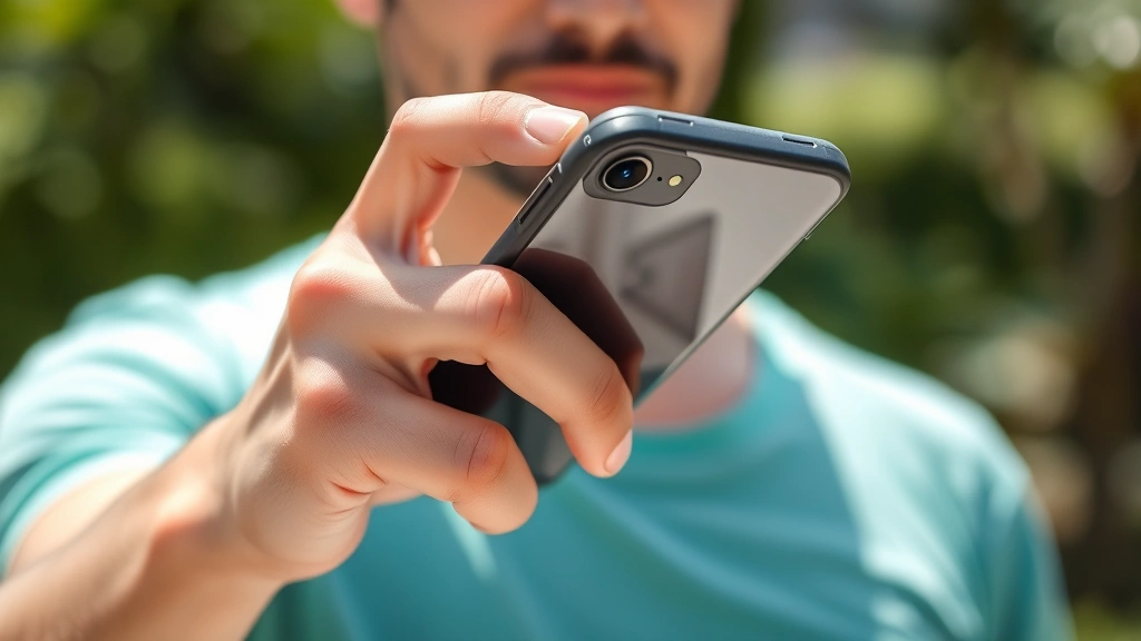 Person holding smartphone with protective case, examining device condition carefully in bright natural lighting, demonstrating device care