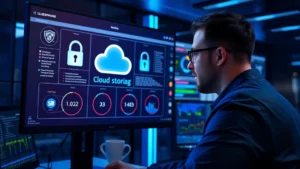 Professional cybersecurity expert analyzing cloud storage security metrics on a modern computer monitor, showing data protection and lock icons, sophisticated control room environment with blue lighting