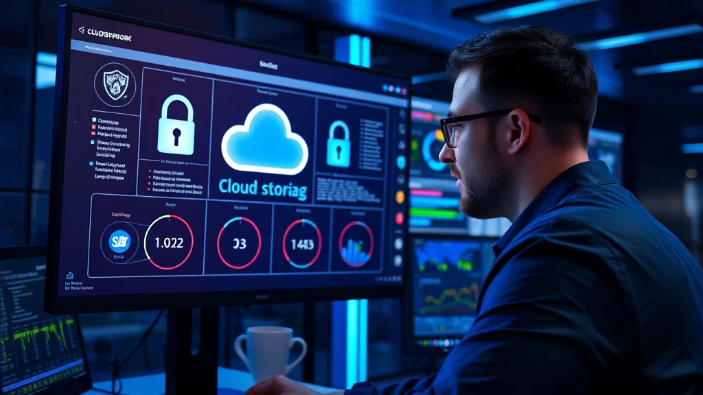 Professional cybersecurity expert analyzing cloud storage security metrics on a modern computer monitor, showing data protection and lock icons, sophisticated control room environment with blue lighting