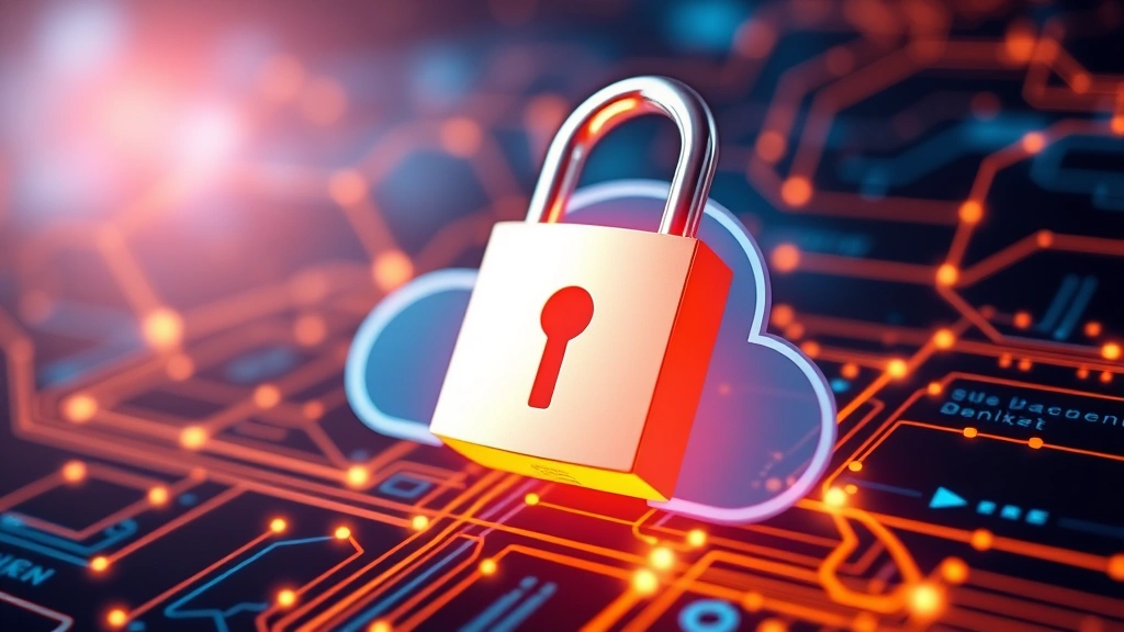 Close-up of a padlock overlaid on digital cloud infrastructure visualization, representing S3 bucket encryption and access control, modern security technology aesthetic with glowing digital elements