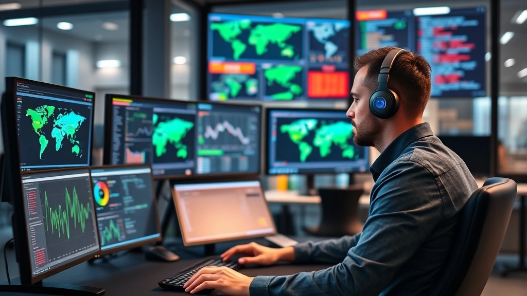 Professional cybersecurity analyst working at modern security operations center with multiple monitors displaying network dashboards, threat maps, and real-time security alerts in a corporate environment