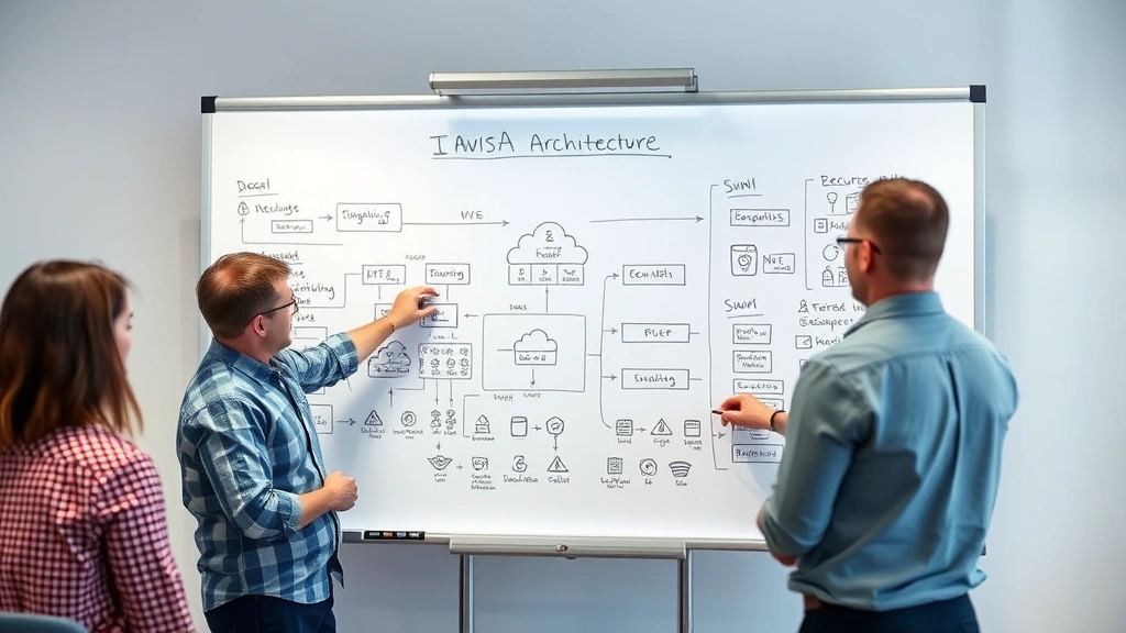 Cloud infrastructure architect designing secure AWS architecture on whiteboard with team members, showing network diagrams, security controls, and cloud infrastructure components