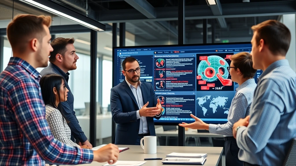 Diverse security team collaborating in modern office setting with security-focused discussions, one person explaining threat intelligence on large display screen to colleagues