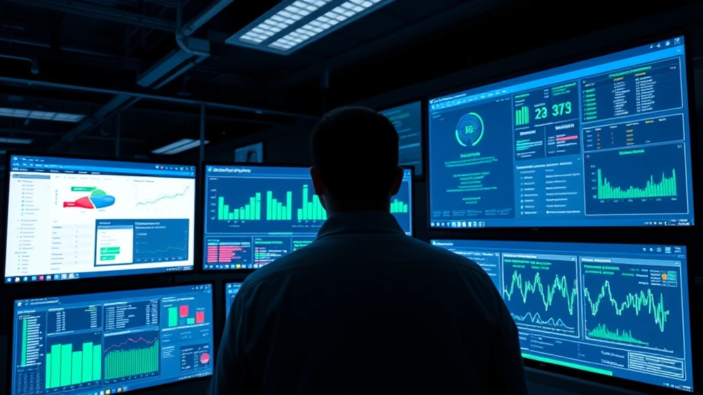 Cybersecurity professional monitoring multiple digital screens displaying security dashboards, threat intelligence feeds, and network traffic analysis with data visualization elements, dark blue and green color scheme, professional data center environment